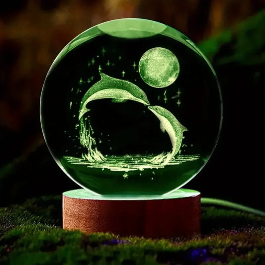 Crystal Sphere 3D Laser Engraved Dolphin Color LED Base