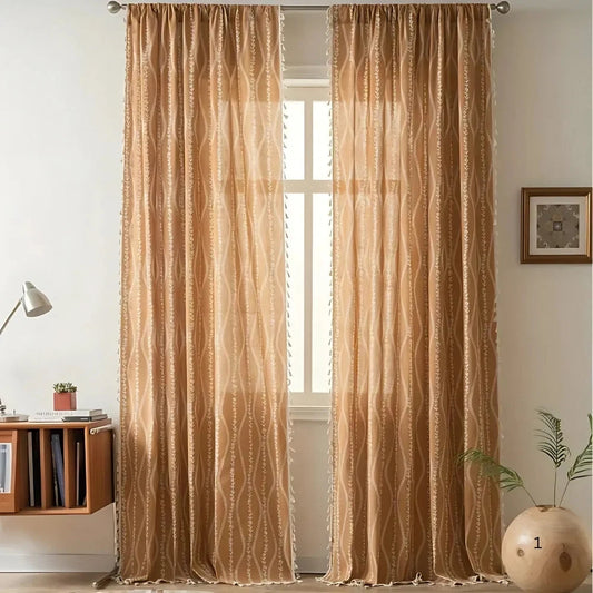 Curtain Panel Wheat Embroidery & Tassel Trim Microfiber Light-Filtering