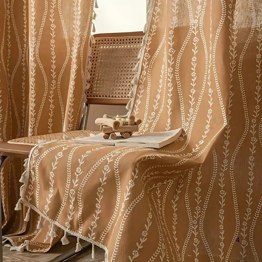 Curtain Panel Wheat Embroidery & Tassel Trim Microfiber Light-Filtering