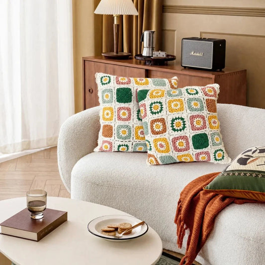 Cushion Cover Crocheted Multicolored Floral Microfiber Blend Machine Washable