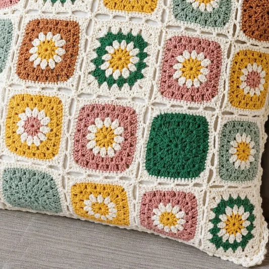 Cushion Cover Crocheted Multicolored Floral Microfiber Blend Machine Washable
