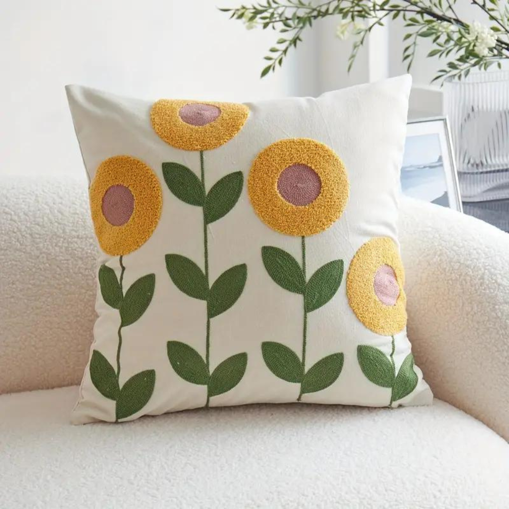Cushion Cover Embroidered Floral Microfiber-Cotton