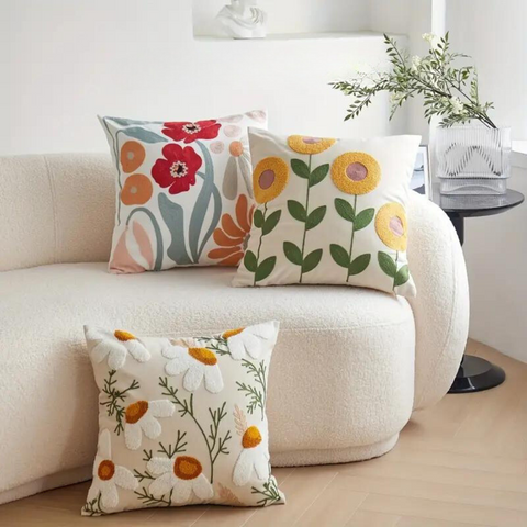Cushion Cover Embroidered Floral Microfiber-Cotton