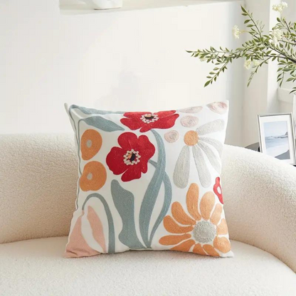 Cushion Cover Embroidered Floral Microfiber-Cotton