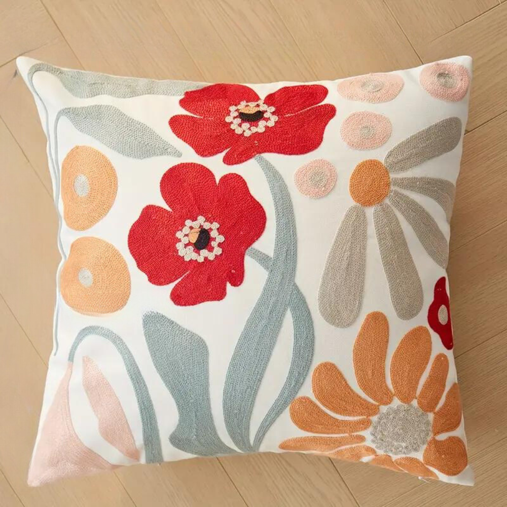 Cushion Cover Embroidered Floral Microfiber-Cotton