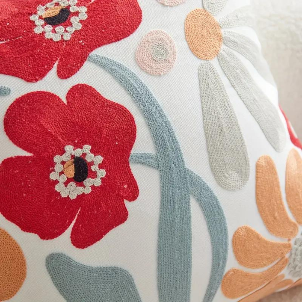 Cushion Cover Embroidered Floral Microfiber-Cotton