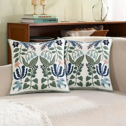 Cushion Cover Microfiber Botanical Embroidery 18 x 18 Inches