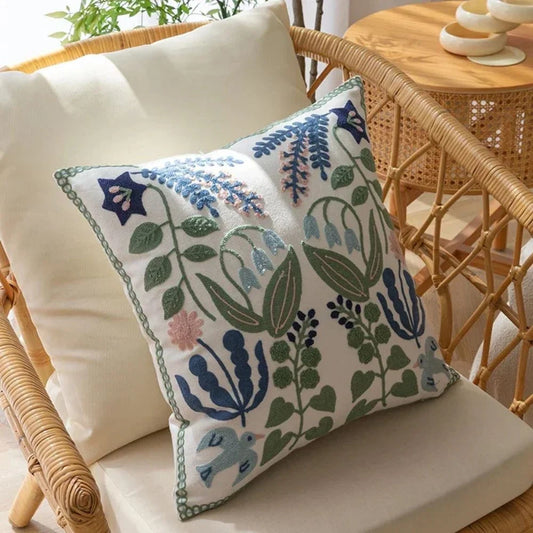 Cushion Cover Microfiber Botanical Embroidery 18 x 18 Inches