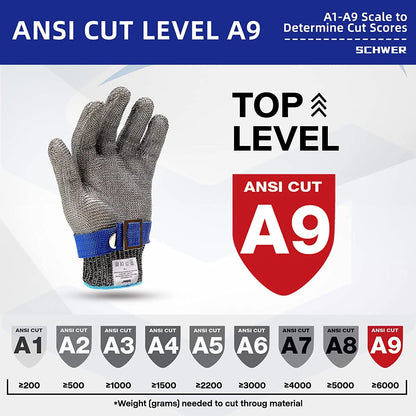 Cut-Resistant Glove Stainless Steel Mesh ANSI A9 Dishwasher-Safe