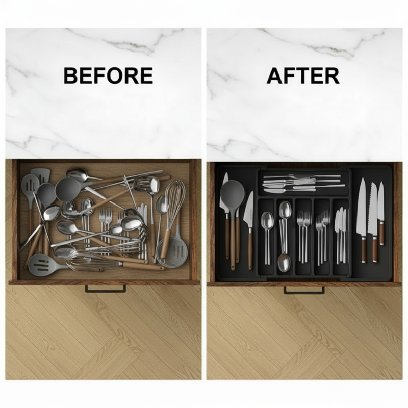 Cutlery Drawer Organizer Adjustable Width Divided Compartments