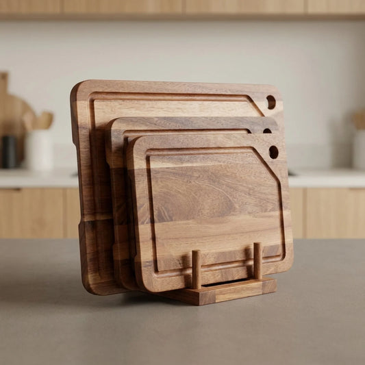 Cutting Board Set Acacia Wood Juice Grooves Set of 3 With Storage Stand