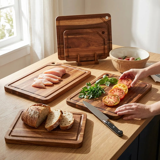 Cutting Board Set Acacia Wood Juice Grooves Set of 3 With Storage Stand