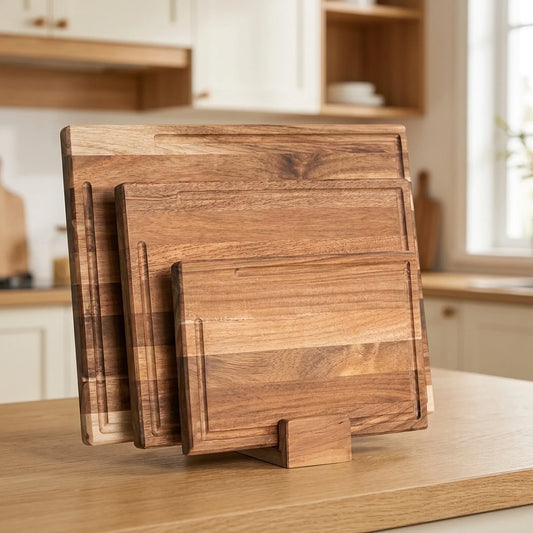 Cutting Board Set Shallow Juice Grooves Wooden Storage Stand Set of 3