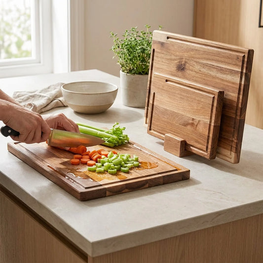 Cutting Board Set Shallow Juice Grooves Wooden Storage Stand Set of 3