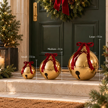 Decorative Bells Gold Metal Red Velvet Bows Set of 3