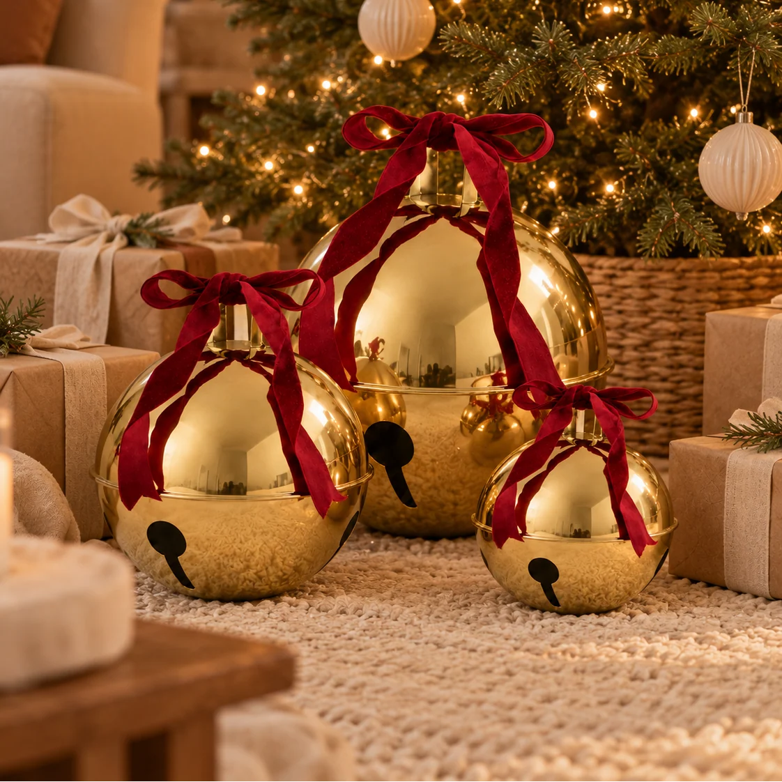 Decorative Bells Gold Metal Red Velvet Bows Set of 3