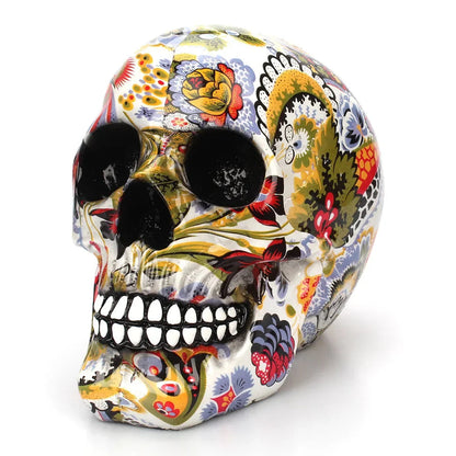 Decorative Skull Figurine Hand-Painted Floral Resin