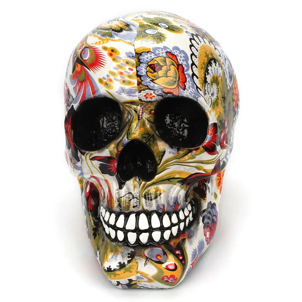 Decorative Skull Figurine Hand-Painted Floral Resin
