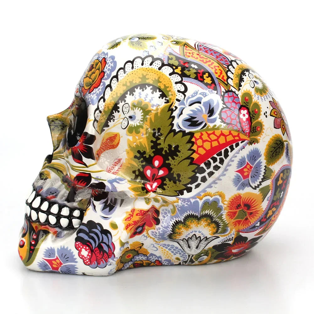 Decorative Skull Figurine Hand-Painted Floral Resin
