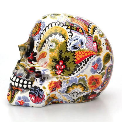 Decorative Skull Figurine Hand-Painted Floral Resin
