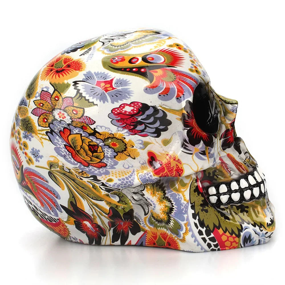 Decorative Skull Figurine Hand-Painted Floral Resin
