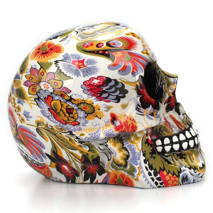 Decorative Skull Figurine Hand-Painted Floral Resin