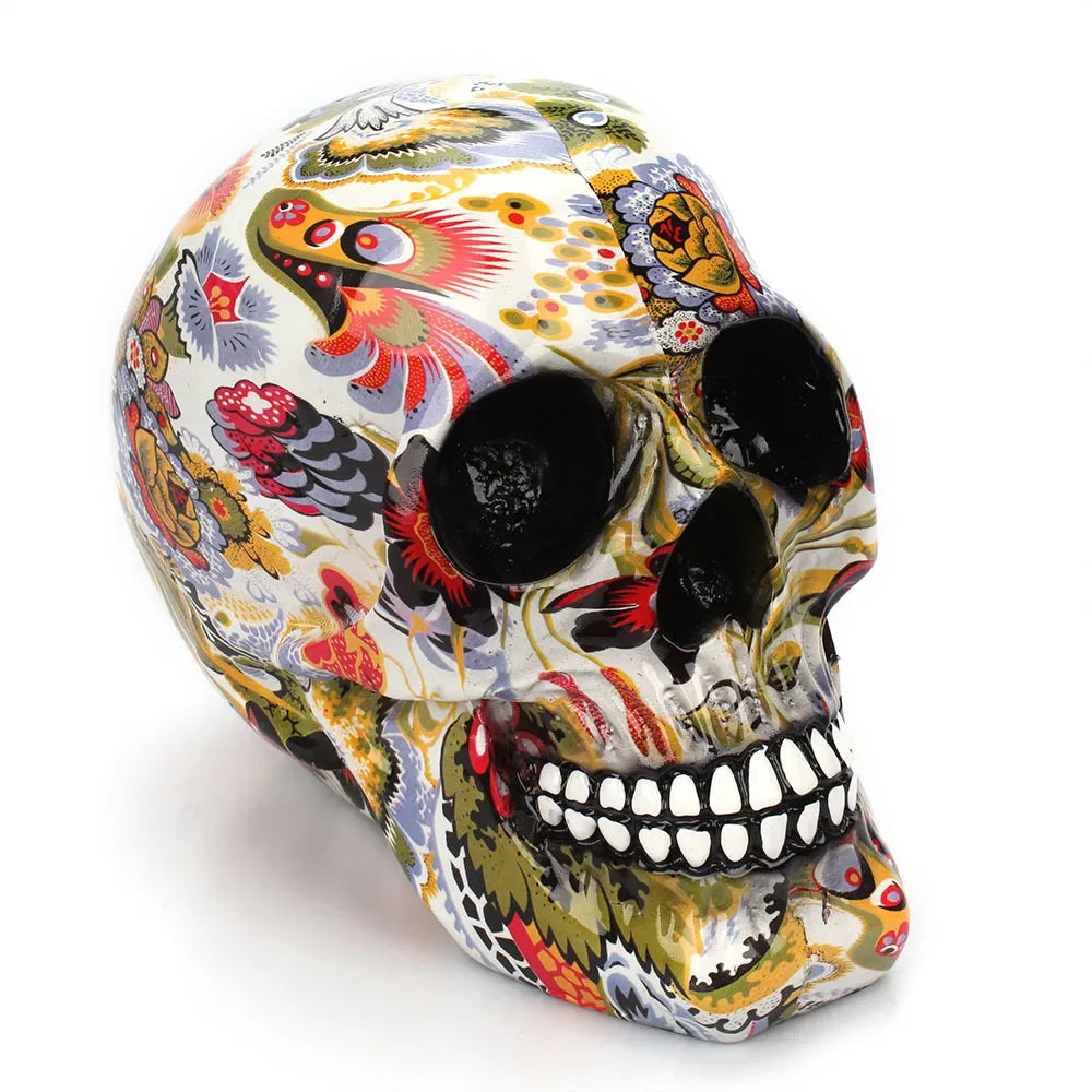 Decorative Skull Figurine Hand-Painted Floral Resin
