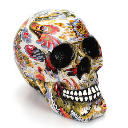 Decorative Skull Figurine Hand-Painted Floral Resin