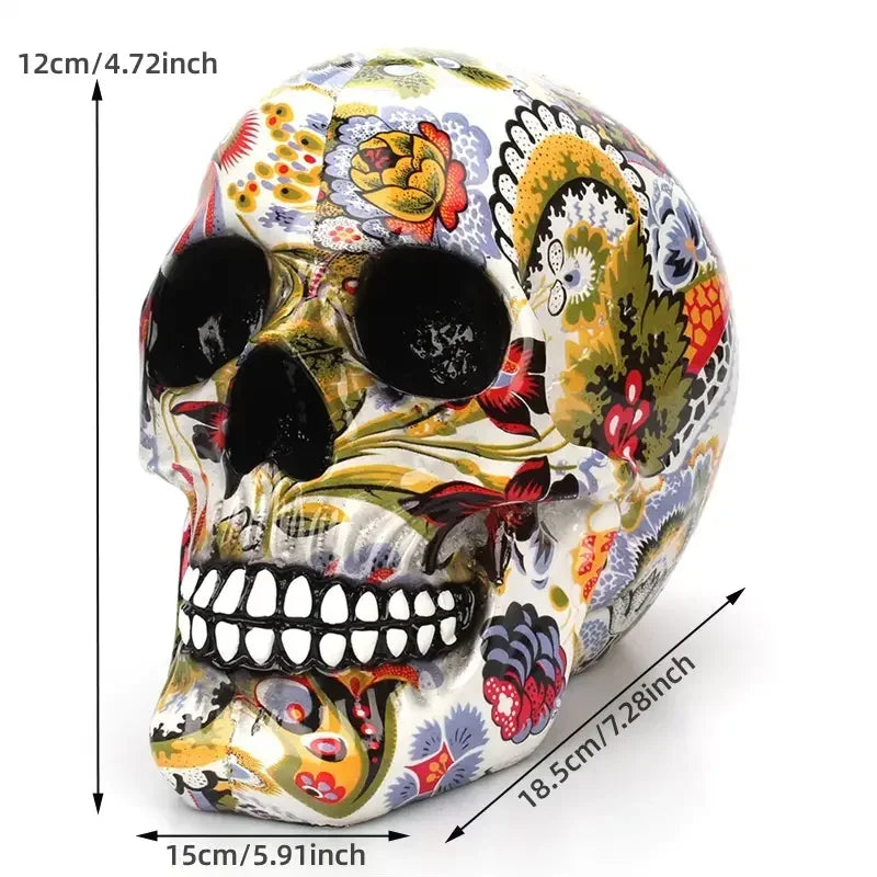 Decorative Skull Figurine Hand-Painted Floral Resin