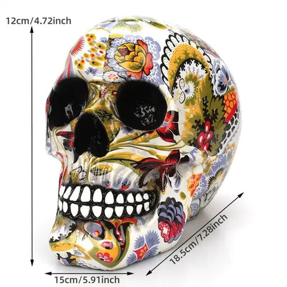 Decorative Skull Figurine Hand-Painted Floral Resin