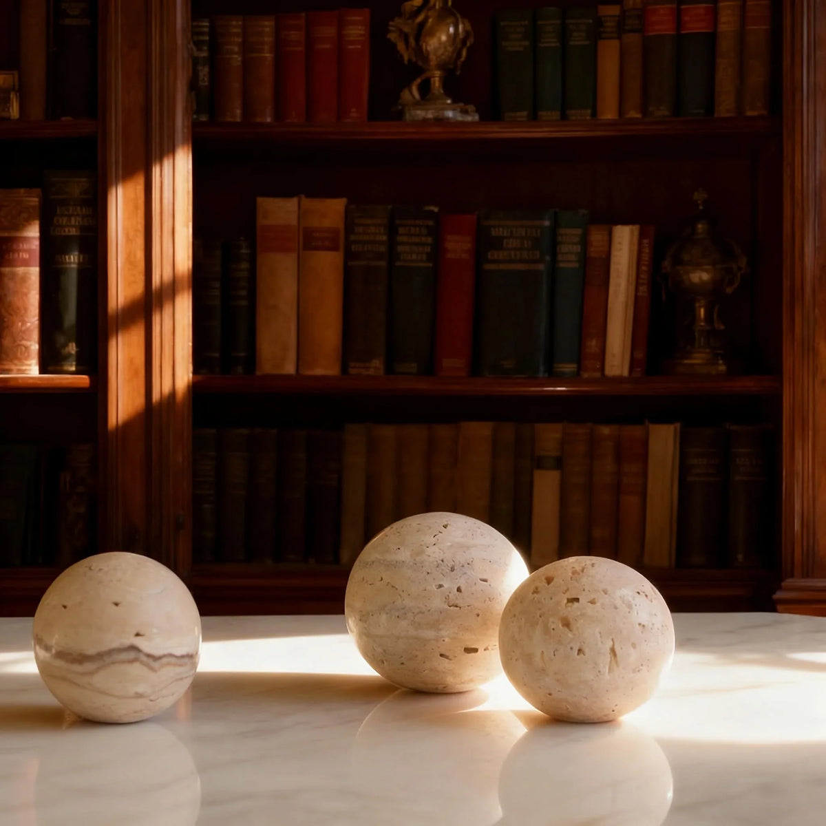 Decorative Sphere Hand-Carved Polished Travertine Marble