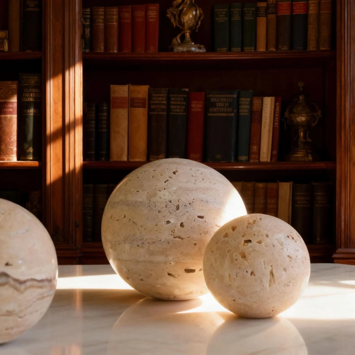 Decorative Sphere Hand-Carved Polished Travertine Marble