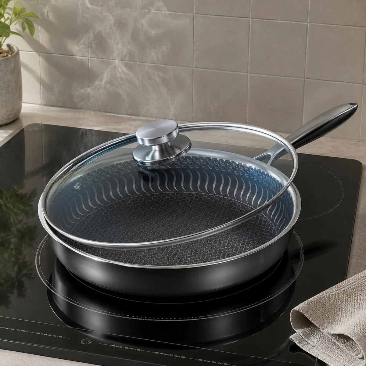 Deep Frying Pan Honeycomb Non-Stick With Glass Lid