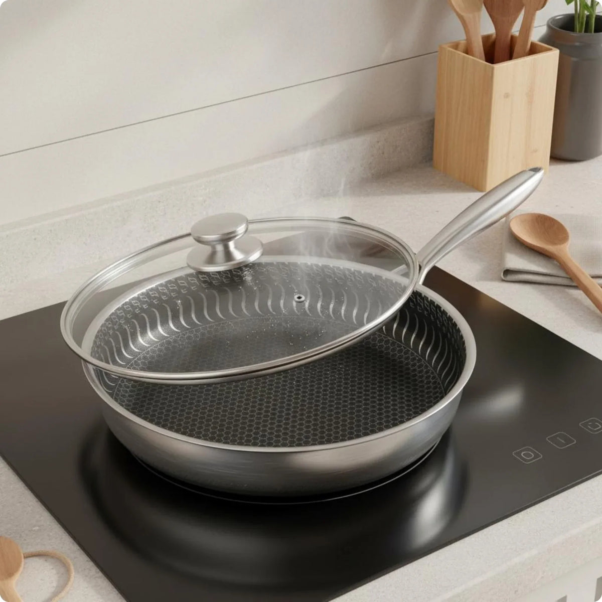 Deep Frying Pan Honeycomb Non-Stick With Glass Lid