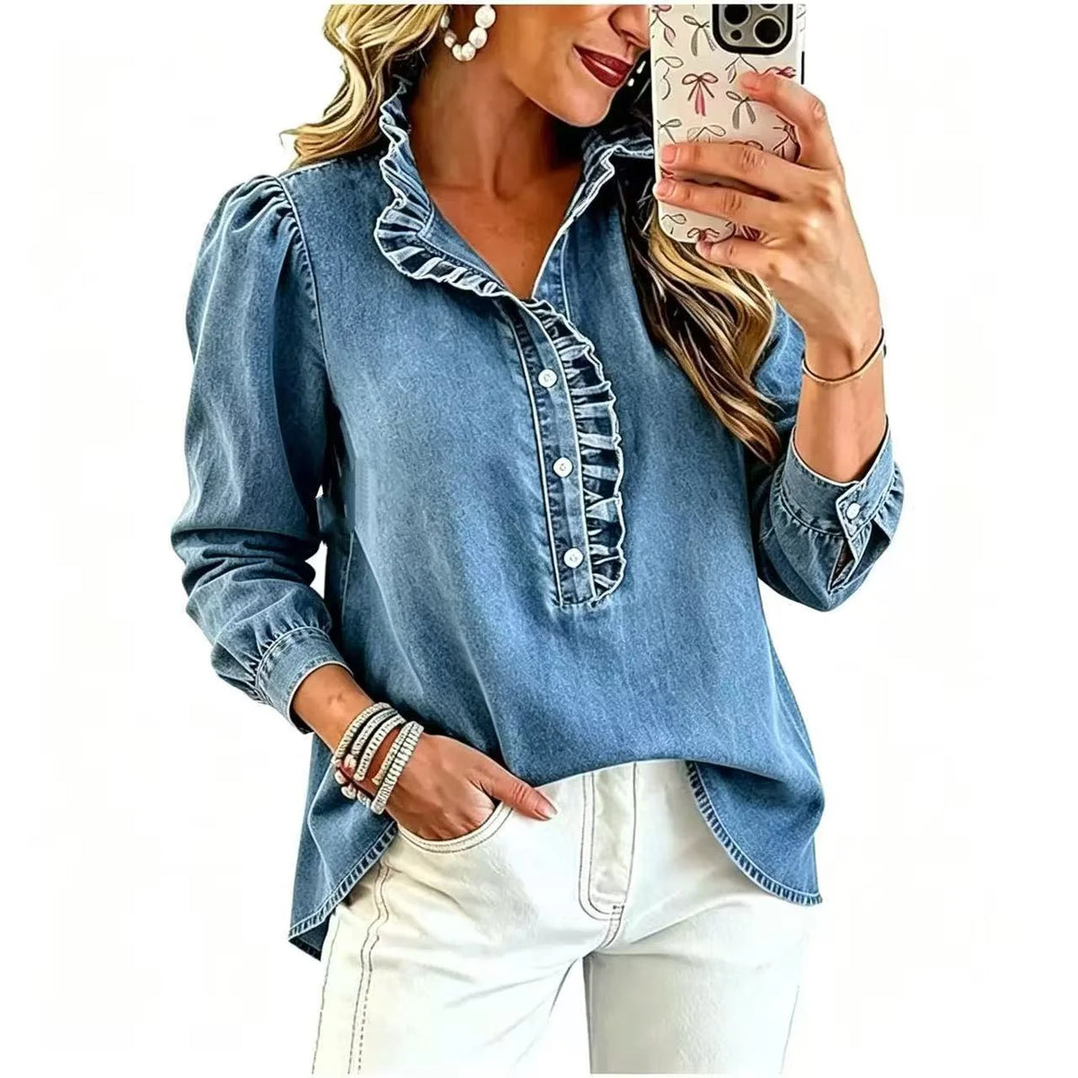 Denim Blouse Ruffled Collar Balloon Sleeves Relaxed Fit