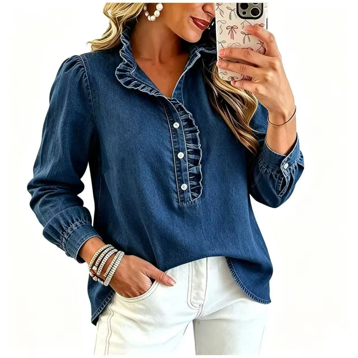 Denim Blouse Ruffled Collar Balloon Sleeves Relaxed Fit