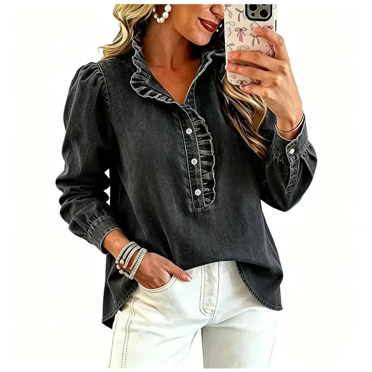 Denim Blouse Ruffled Collar Balloon Sleeves Relaxed Fit