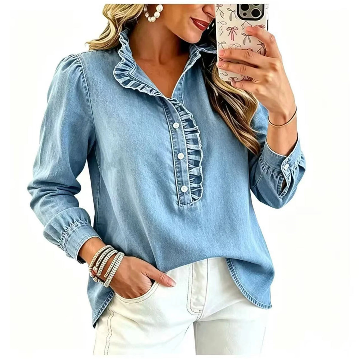 Denim Blouse Ruffled Collar Balloon Sleeves Relaxed Fit