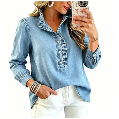 Denim Blouse Ruffled Collar Balloon Sleeves Relaxed Fit