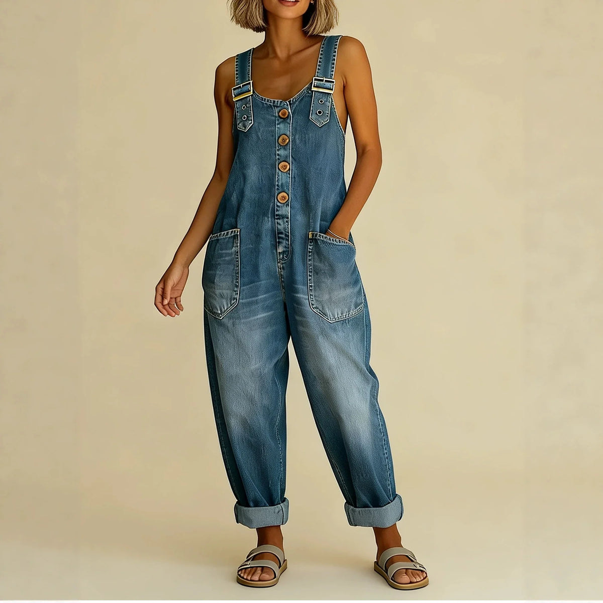 Denim Overalls Relaxed Fit Adjustable Straps Patch Pockets