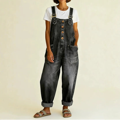 Denim Overalls Relaxed Fit Adjustable Straps Patch Pockets
