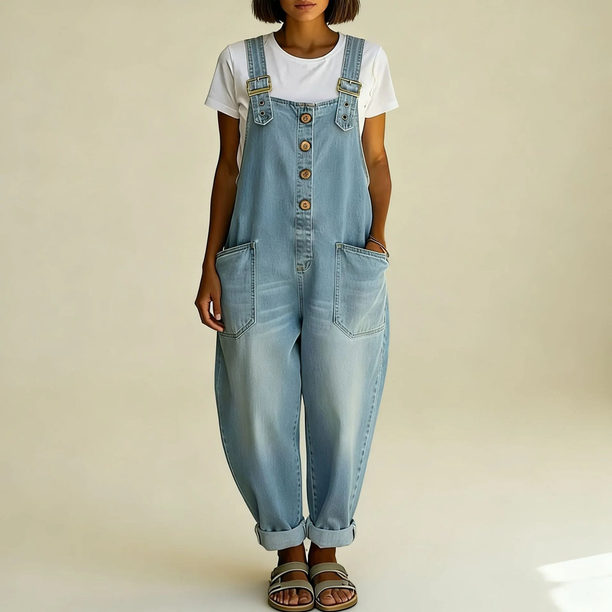 Denim Overalls Relaxed Fit Adjustable Straps Patch Pockets