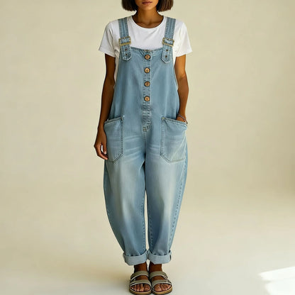 Denim Overalls Relaxed Fit Adjustable Straps Patch Pockets