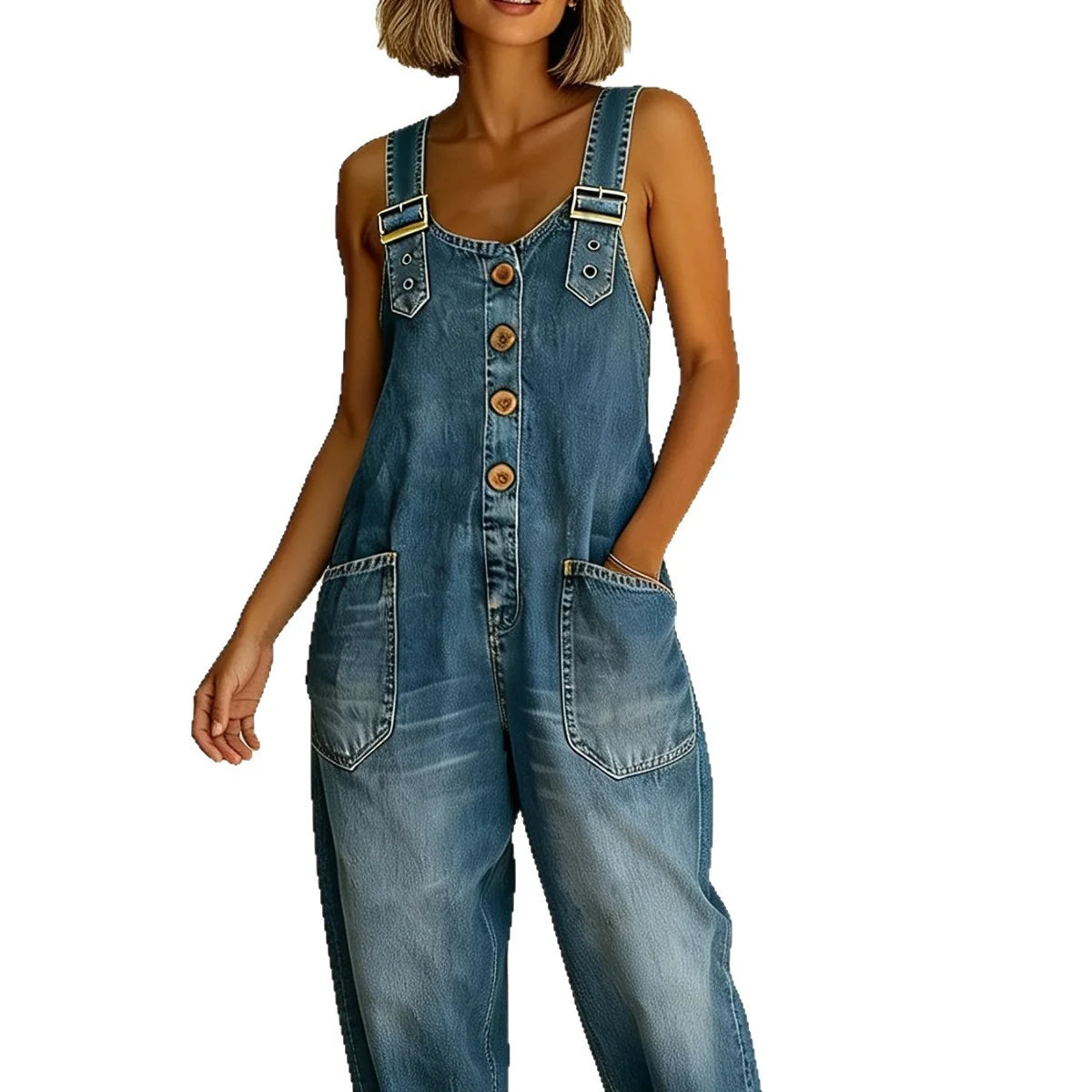 Denim Overalls Relaxed Fit Adjustable Straps Patch Pockets