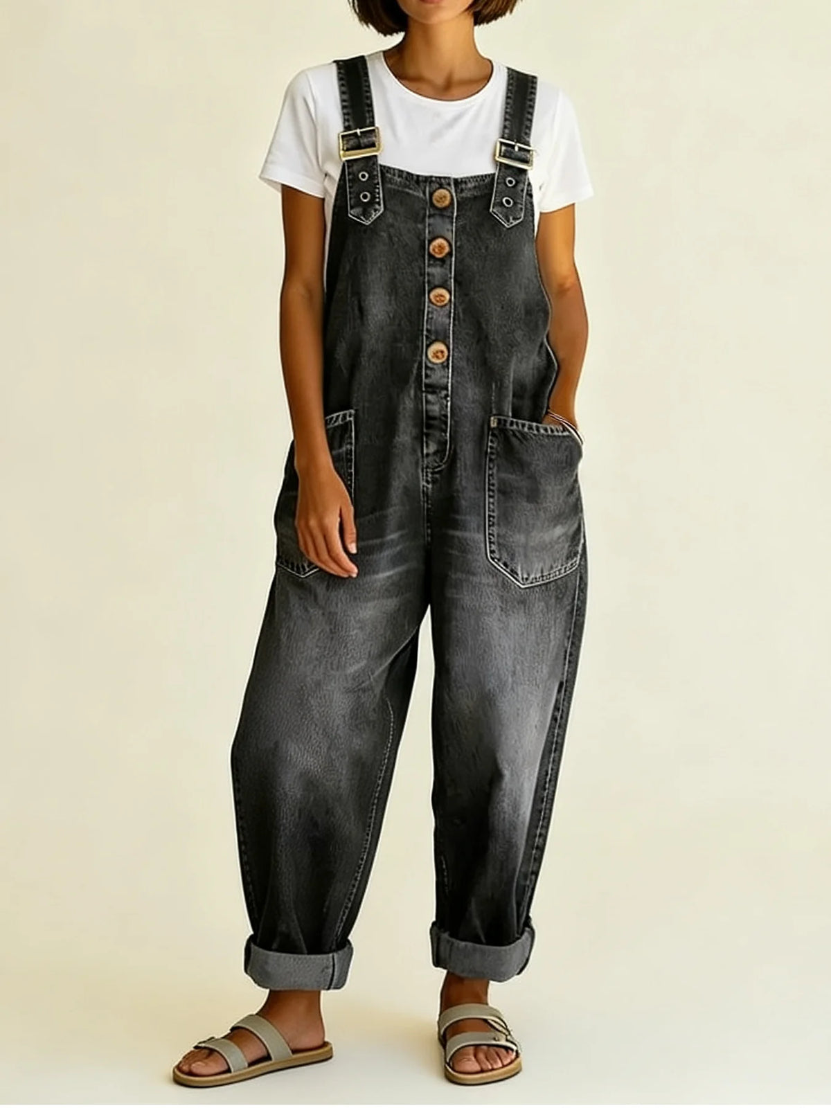 Denim Overalls Relaxed Fit Adjustable Straps Patch Pockets