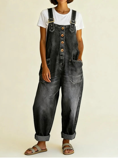 Denim Overalls Relaxed Fit Adjustable Straps Patch Pockets