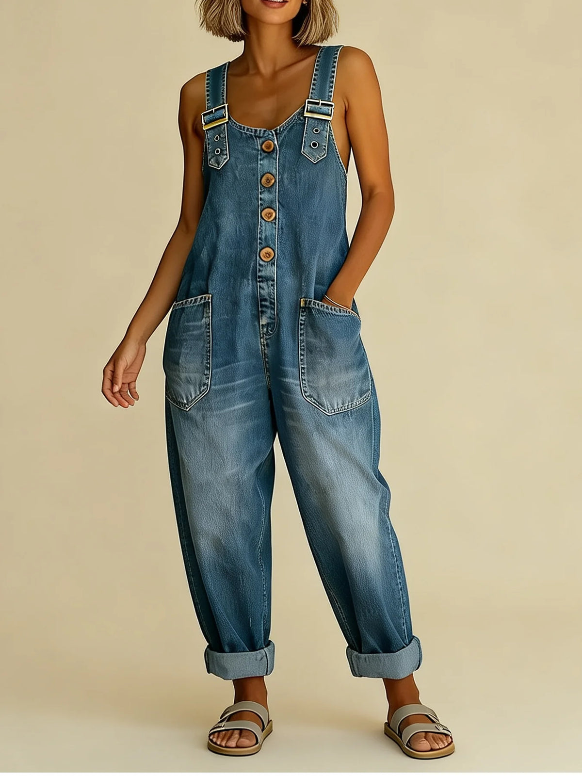 Denim Overalls Relaxed Fit Adjustable Straps Patch Pockets