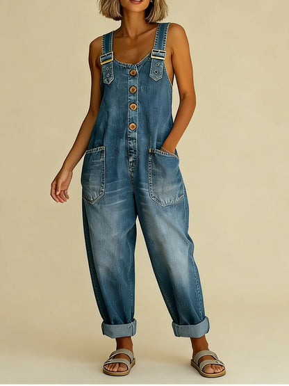 Denim Overalls Relaxed Fit Adjustable Straps Patch Pockets