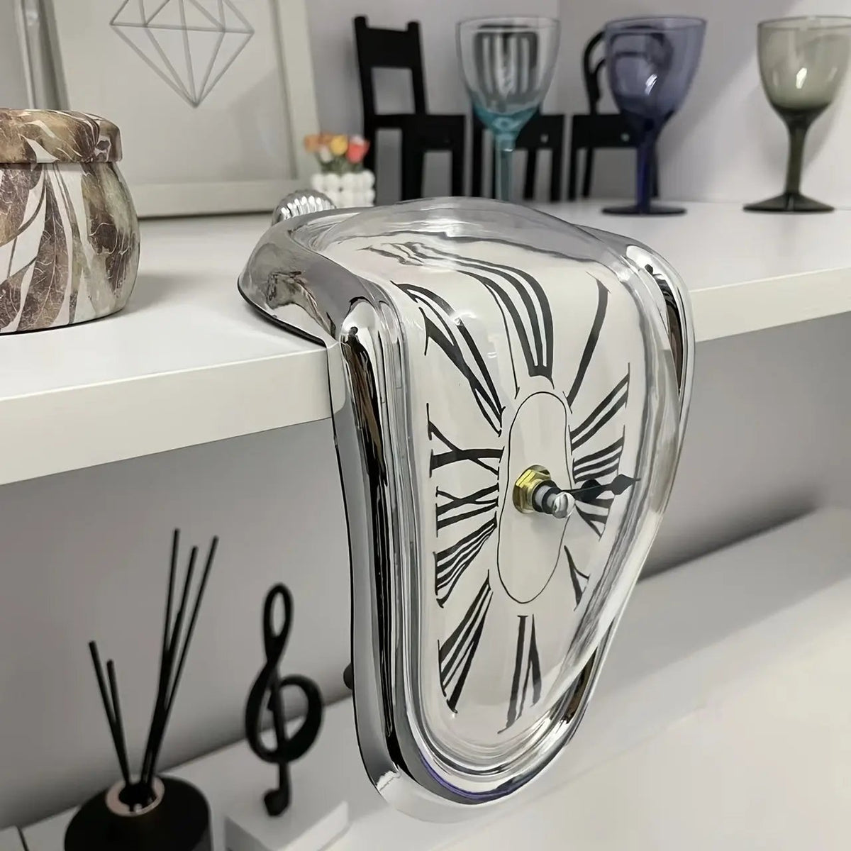 Desk Clock Surrealist Melting Design Metallic Finish