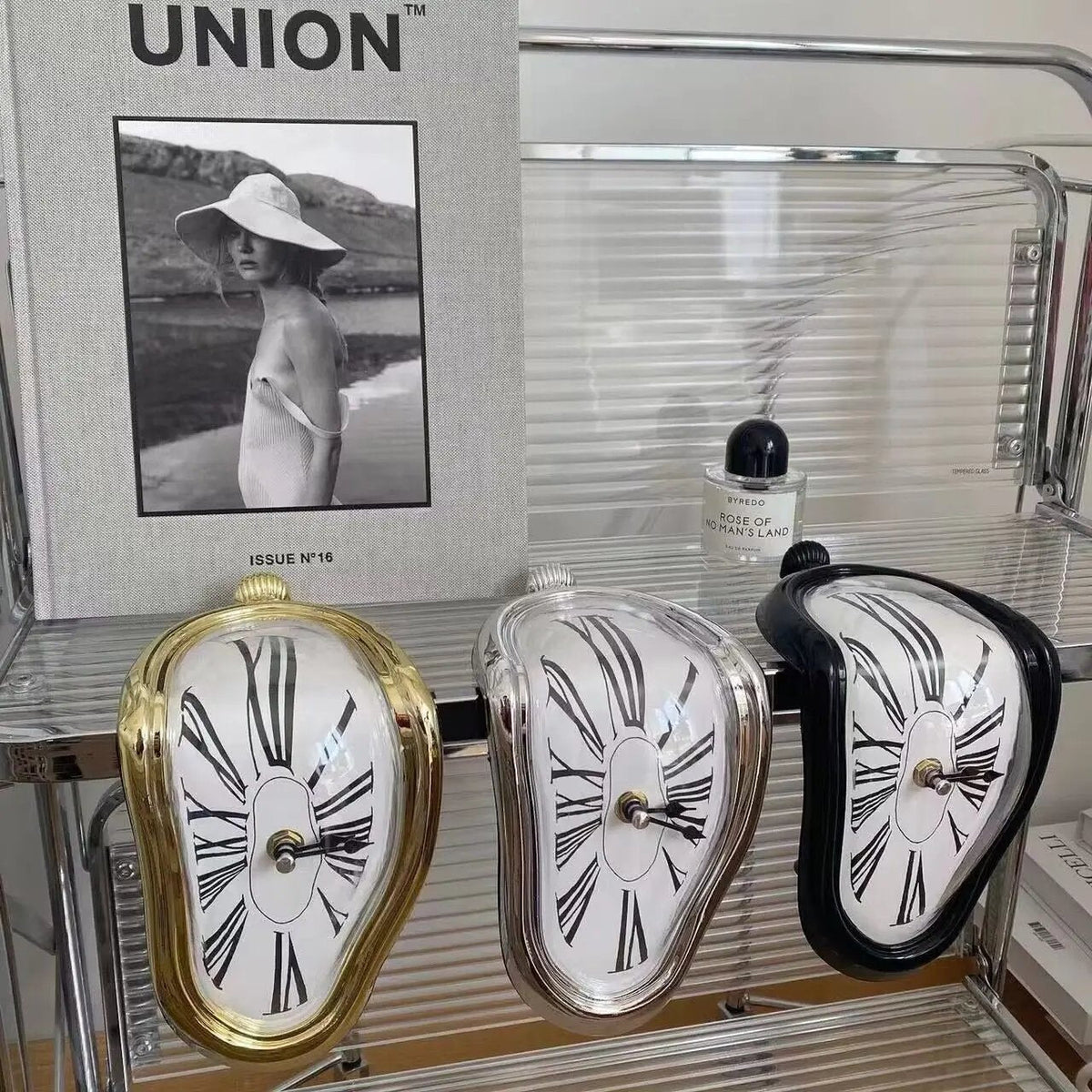 Desk Clock Surrealist Melting Design Metallic Finish
